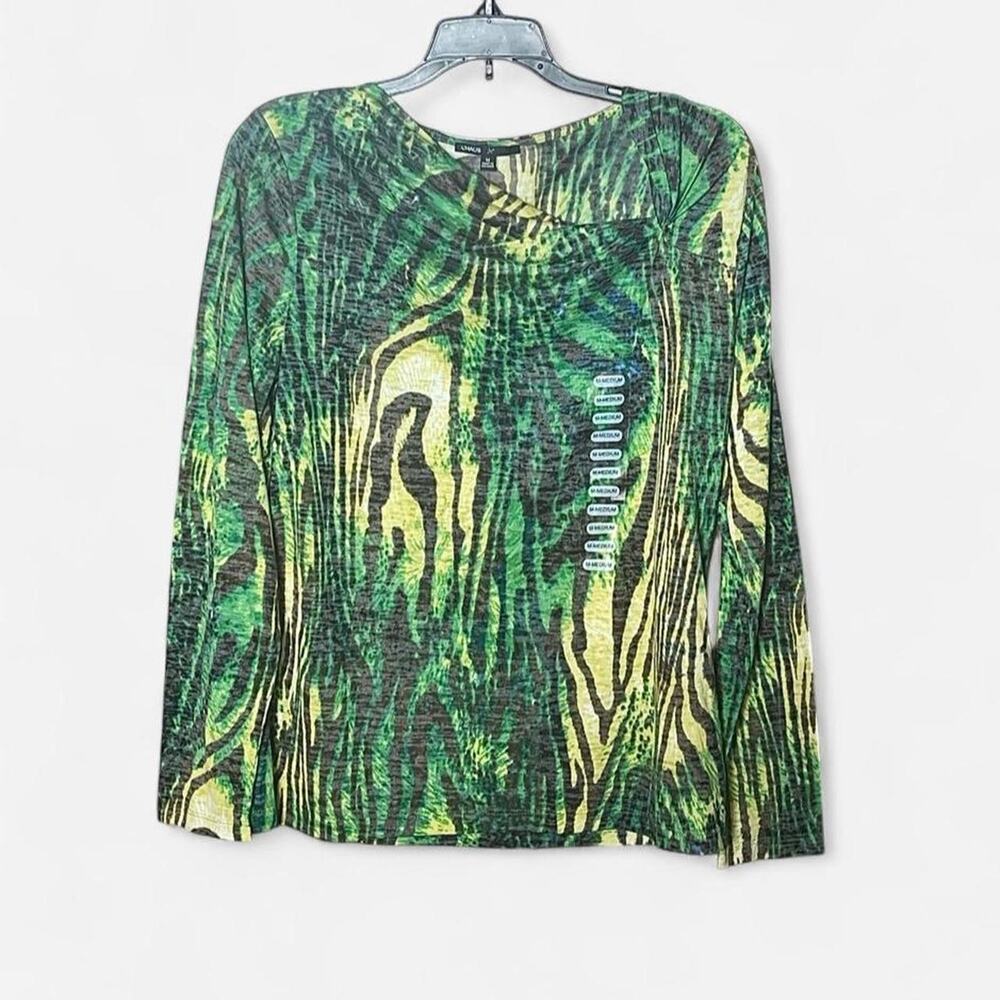 Chaus Green Neon Lime Zebra Tiger Print Cowl Neck Long Sleeve Top NWT – Size M